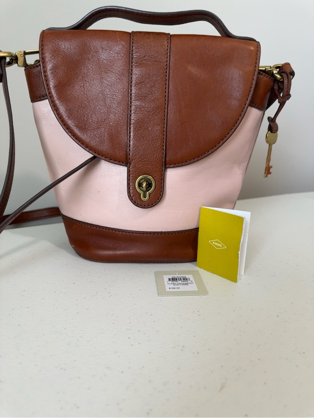 Fossil Leather Shoulder Bucket Bag/Purse Pink Brown Crossbody With Turn Lock